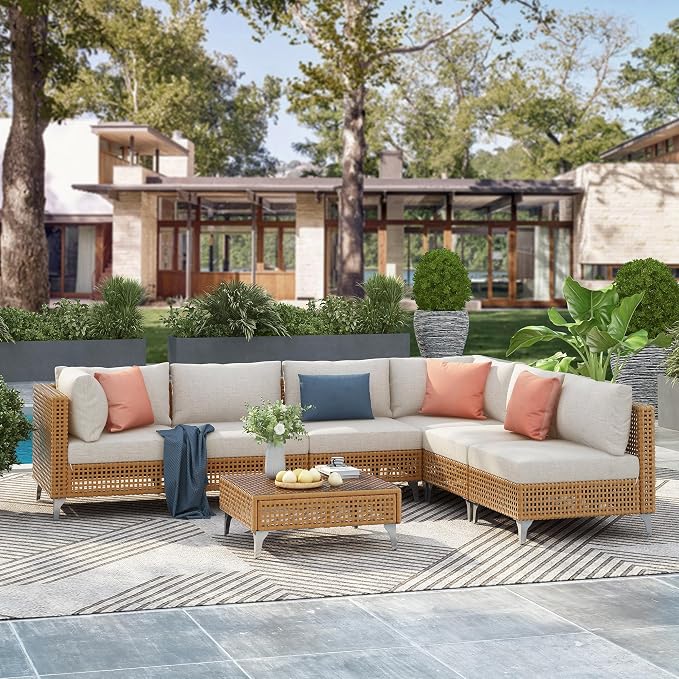 VilroCaz 7-Piece Outdoor Patio Furniture Set, Wicker Sectional Sofa wThick Seat Cushions, All-Weather Conversation Sofa Sets with Coffee Table for Outdoor Couch, Porch, Backyard (Beige-7C)