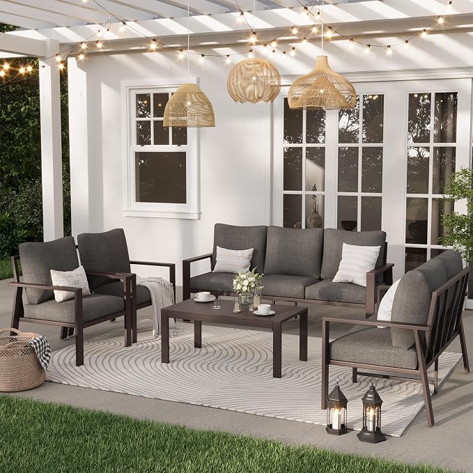 Aluminum Patio Conversation Set 5-Piece All-Weather Outdoor Sectional Sofa with 4" Cushions, Modular Patio Set for Porch Poolside Deck Yard