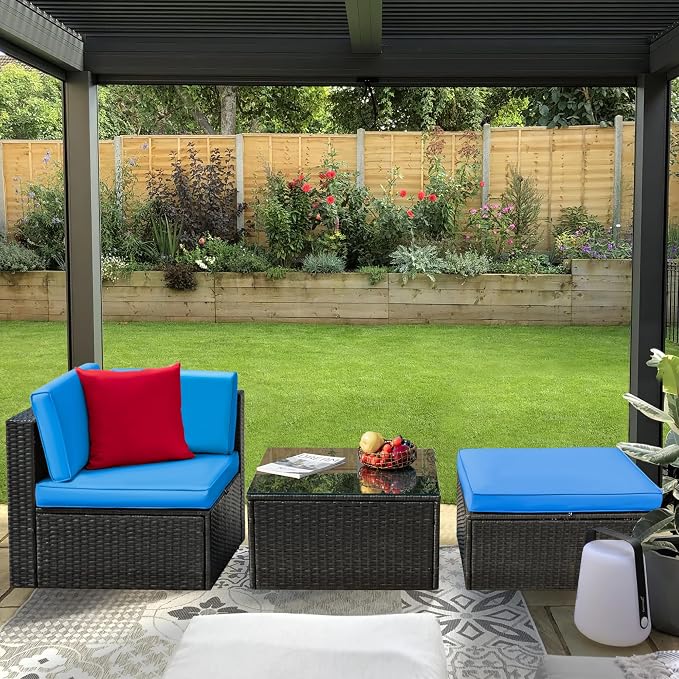 Greesum 3 Piece Patio Conversation Set Wicker Rattan Furniture Outdoor Sofa with Cushions,Pillows and Glass Table for Porch,Lawn and Yard, Blue
