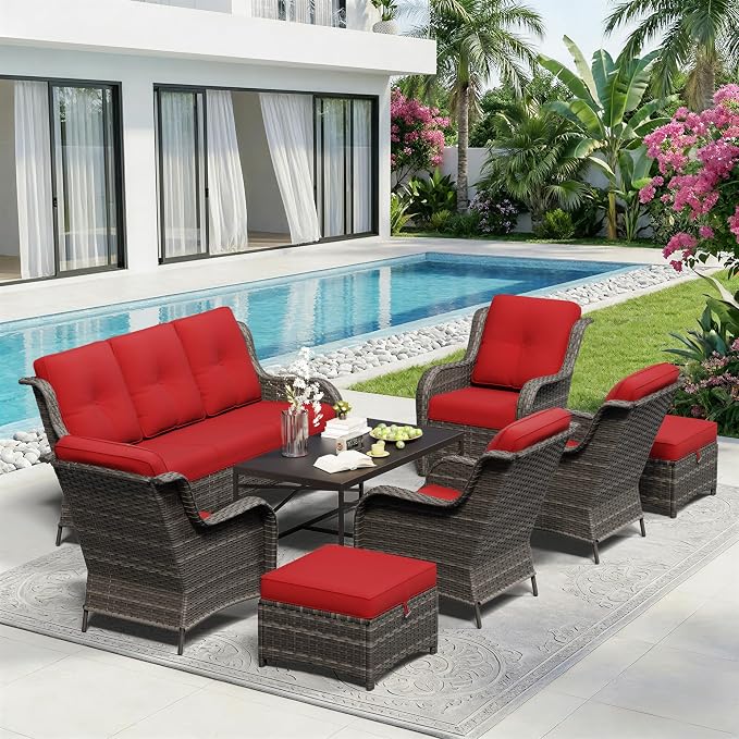 8 Piece Outdoor Wicker Patio Furniture Set, Patio Chairs Set with Thickened Olefin Cushions, High Back and Deep Seating, Hand-Woven PE Rattan, Ottoman for Porch, Deck