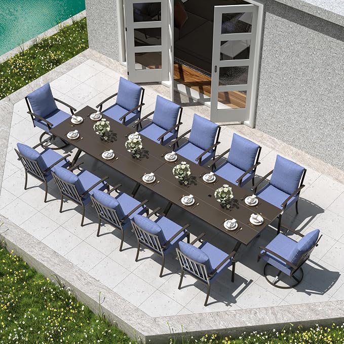 Kullavik 14PCS Outdoor Dining Set,Patio Dining Table and Chairs Set for 12,Fence Pattern Back Chairs with Thickened Cushions & Rectangular Metal Dining Table with Umbrella Hole for Patio,Navy Blue