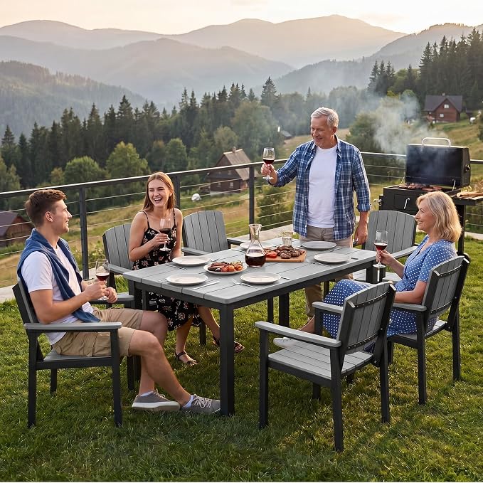 Outdoor Dining Sets Patio Table and Chairs Set 5-Piece, Aluminum Frame HDPS Faux Wood, All Weather Patio Dining Set with Umbrella Hole for Garden Backyard Poolside Grey