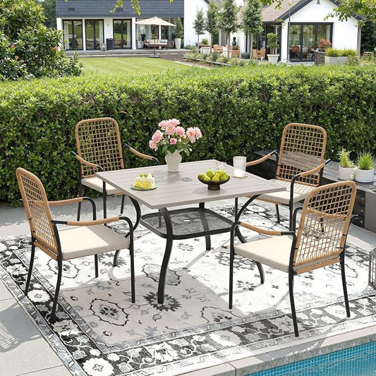 DIFY 5 Pieces Outdoor Dining Set, Metal Patio Table and Chairs Set for 4, 37.8" Square Dining Table with Umbrella Hole & Wicker Stackable Patio Chairs with Cushions, Grey Wood-Like Tabletop