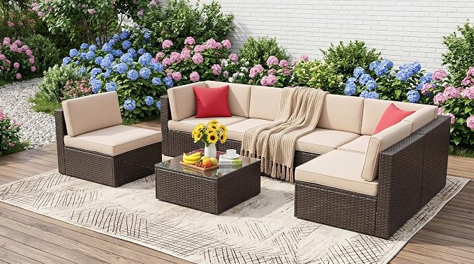 Vongrasig 7 Pieces Patio Furniture Sets, Outdoor Sectional Patio Sofa Set | All-Weather Patio Conversation Set PE Rattan Wicker Modular Couch with Coffee Table for Garden, Poolside, Backyard, Beige