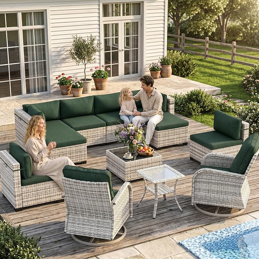 12-Piece Patio Furniture Set, Outdoor Patio Furniture with Swivel Chairs Set, Ottomans, Modular Patio Sofa, Dual-Strand Wicker Rattan, Rust-Resistant Frame, Dark Green