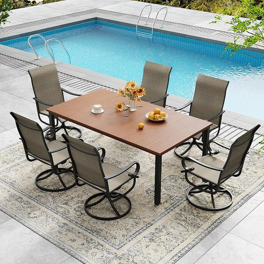 DIFY 7 Pieces Outdoor Patio Dining Set for 6, Swivel Dining Chairs with Brown Textilene and 63" Walnut Rectangle Metal Dining Table, Outdoor Table and Chairs for Lawn Garden Backyard Deck