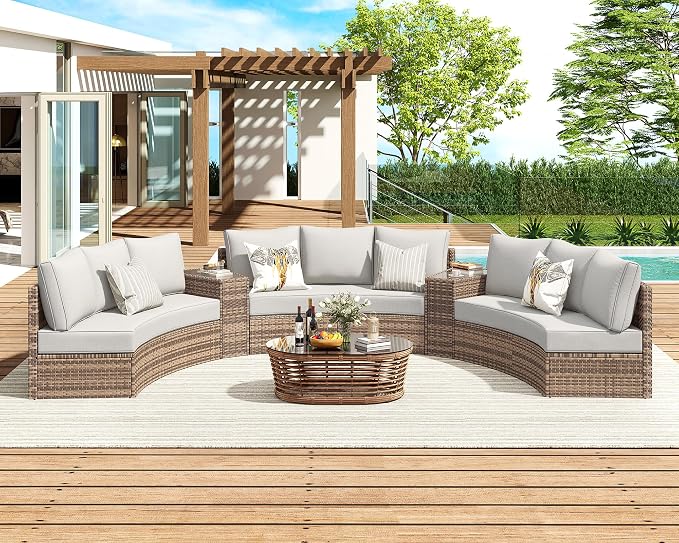LUXOAK 3-Piece Wicker Patio Furniture Set, Waterproof Half-Moon Sectional Sofa with Cushions, Rattan Outdoor Conversation Set for Garden, Pool, Beach & Balcony, Beige