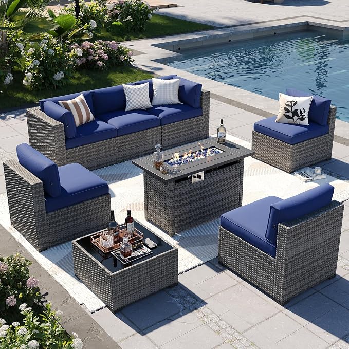 Aoxun Patio Furniture Sets, 8-Piece Outdoor Patio Furniture with 44'' Propane Gas Firepit Table, Wicker Outdoor Conversation Set Sectional Sofa for Backyard, Poolside, Garden