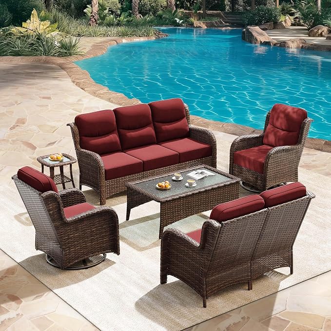 HILLGA Luxury Outdoor Patio Furniture Set with 6-Inch Thick Cushions,High Back Wicker Swivel Rocker Chairs, 6 Pcs All Weather Conversation Set for Large Deck, Yard and Poolside, Burgundy (V3)