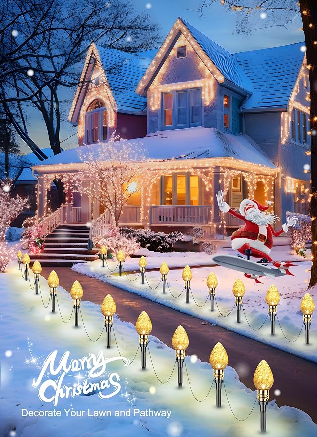 2 Pack Strawberry C9 Christmas Pathway Lights Outdoor, Total 34.8FT 20 LED | Connectable Christmas Walkway Light, Waterproof Christma Lights Outdoor Decorations for Yard Lawn Holiday Outside, Warm White