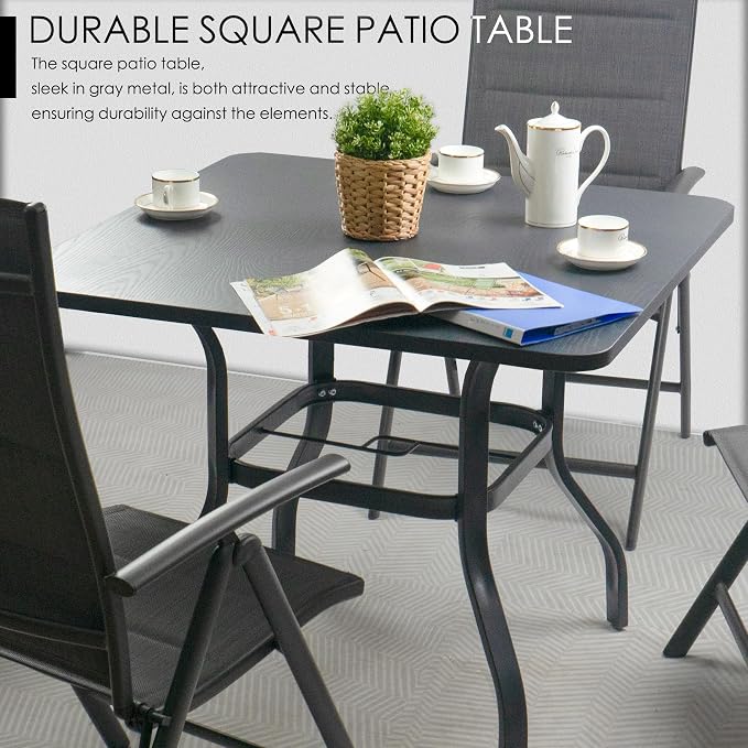 Kozyard 5-Piece Outdoor Patio Dining Set, Patio Table and Foldable Deck Chairs, Breathable Textilene Padded, Square Patio Table with Umbrella Hole for Backyard Indoor Outdoor Patio