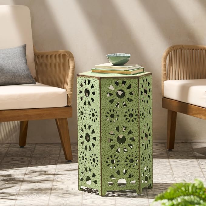 Metal Outdoor Side Table, Sunburst Cut-Out Design, Vibrant Color Addition, No Assembly & Lightweight, Patio Side Tables for Outside, Garden, Entertaining,Green