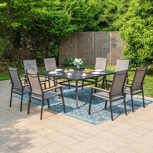 MFSTUDIO 9 Piece Outdoor Dining Set, Metal Table & Aluminum Chairs, Grey | Stackbale chairs, Light-weight & space-saving, Square Table, Umbrella Hole, Patio deck, 8 person
