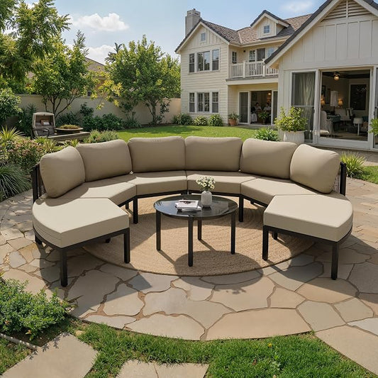 Crestlive Curved Patio Furniture Set, Modular Half Moon 6-Seater Sofa with Round Coffee Table, Aluminum Outdoor Sectional with 4.3" Cushions, All-Weather Couch for Backyard, Deck, Porch, Poolside