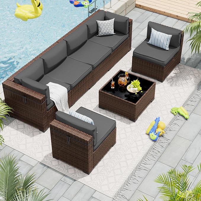 Patio Furniture Set, Modular 7-Piece Patio Conversation Sets with Coffee Table, All-Weather Wicker Outdoor Sectional for Backyard and Balcony, Grey (Waterproof Covers Included)