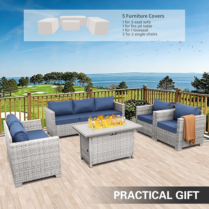 WAROOM Patio Furniture Set 5 Piece Outdoor Furniture with Fire Pit Table, Grey Wicker Sectional Sofa Couch Sets Backyard Deep Seating PE Rattan Chairs with Navy Blue Cushion