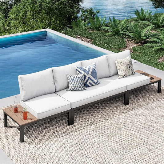 PHI VILLA 3 Pieces Outdoor Patio Furniture Set,Metal Frame Modern Outdoor Sectional Sofa Set,4 Seats Patio Conversation Sets with Coffee Table,for Poolside and Backyard,Light Grey