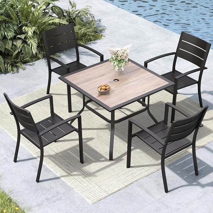 MFSTUDIO Patio Dining Set for 4, Metal Patio Table and Chairs Set with Umbrella Hole, 5 Piece Outdoor Furniture Dining Set for Deck Backyard Garden