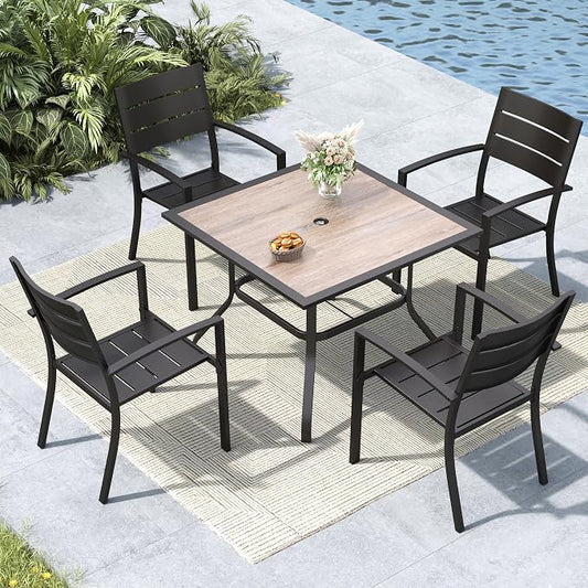 MFSTUDIO Patio Dining Set for 4, Metal Patio Table and Chairs Set with Umbrella Hole, 5 Piece Outdoor Furniture Dining Set for Deck Backyard Garden