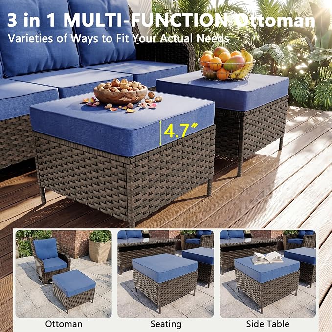 Gotland 7-Pcs Patio Conversation Set, Outdoor Thick Wicker Sectional Sofas with 2 Swivel Rocker Chairs, High Back Sectional Couch, Outdoor Furniture Set for Backyard, Deck, Porch, Navy Blue