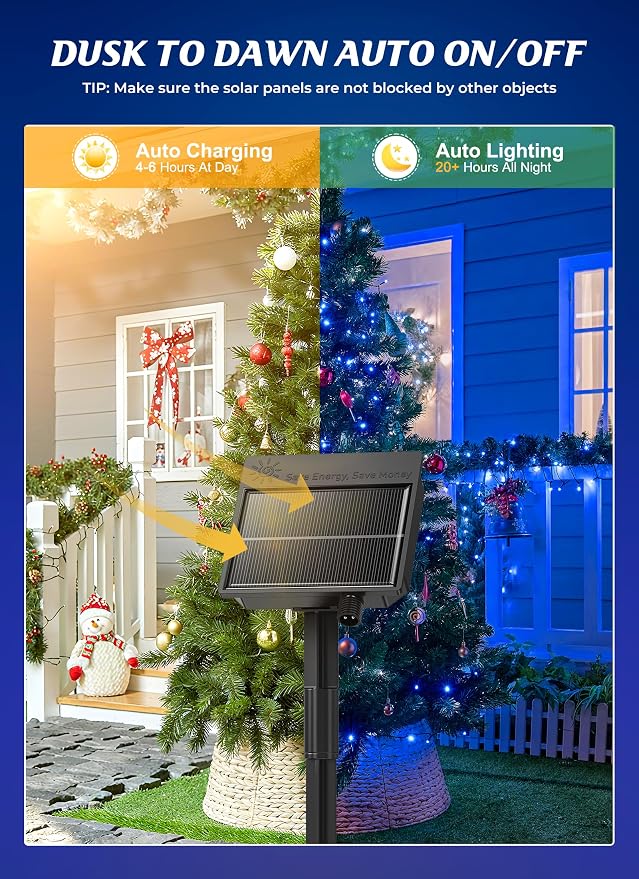 Brightown 2 Pack Solar String Lights Outdoor Waterproof, 80 FT 200 LED | Solar Powered Christmas Lights with 8 Modes, Auto On/Off, Patio Lights for Outside Tree Garden Party Decor (Blue)