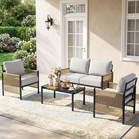 Aluminum Outdoor Patio Furniture Set, 4 Seats Outdoor Sectional with Coffee Table, Patio Conversation Sets with Washable Thick Cushions and Waterproof Cover for Backyard/Garden /Poolside, Silver Gray