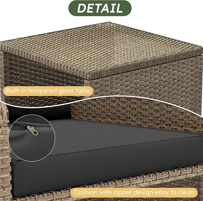 LHBcraft 5 Pieces Patio Set, PE Rattan Patio Conversation Set with Soft Cushions & Coffee Table, Outdoor Chairs with Hidden Ottoman for Porch, Lawn, Garden, Balcony, Black