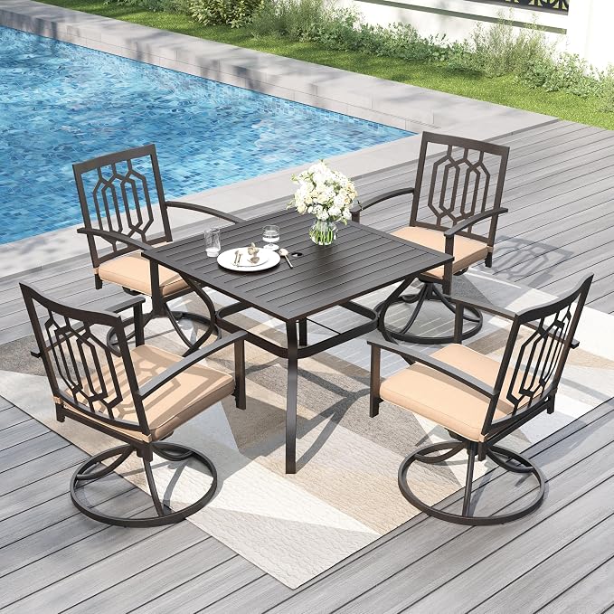 PHI VILLA Patio Dining Set, Swivel Chairs, Square Metal Table | Metal chairs, Hexagon Back Swivel Chair, Umbrella Hole, 360° swivel, rocking, cushioned, E-coated, powder-coated