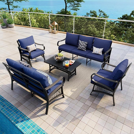 5 Pieces Patio Conversation Sets, All Weather Metal Outdoor Furniture Set with Sectional Sofa Loveseat Couch for Backyard Garden Deck Porch Poolside (Blue Cushions)