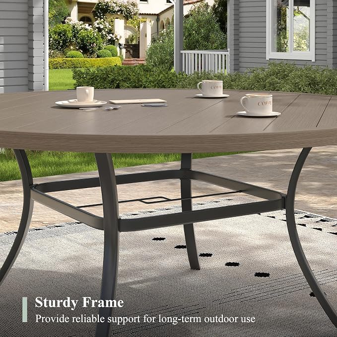 Outdoor Dining Table for 8, 60" Round Outdoor Table with Adjustable Umbrella Hole, All-Weather Metal Patio Dining Table for Lawn Garden Backyard Deck, Grey