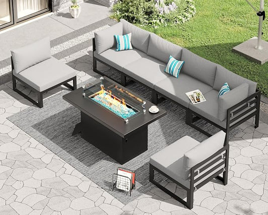 RADIATA 6 Seat Large Luxury Aluminum Patio Conversation Set with Fire Pit Table Propane/Gas, 29 inch Deep Wide Sectional Couch, 500 lbs Heavy Duty All Weather Outdoor Sofa for Backyard, Light Gray