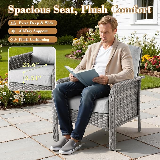 6 Pieces Patio Furniture Set, All-Weather Rattan Wicker Outdoor Furniture Loveseat Chairs with Coffee Table, High Back Conversation Set for Porch, Backyard, Balcony,Grey