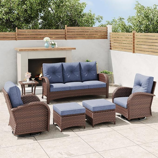 6 Pieces Outdoor Wicker Patio Swivel Rocking Chairs, All Weather Wicker Conversation Set with Side Table