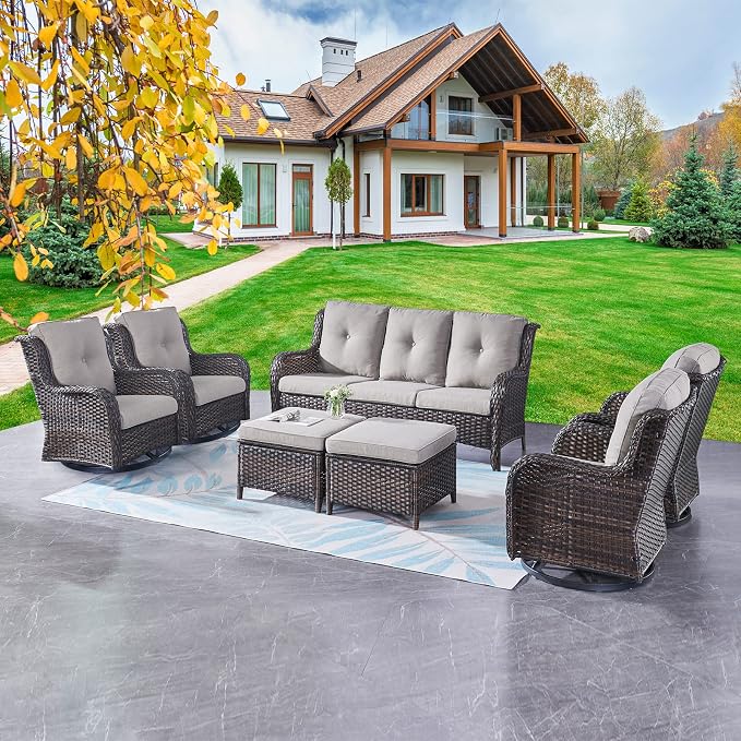 Rilyson Wicker Patio Furniture Set - 7 Piece Rattan Outdoor Sectional Conversation Sets with 4 Swivel Rocking Chairs,2 Ottomans and 1 Sofa for Porch Deck Garden(Brown/Grey)