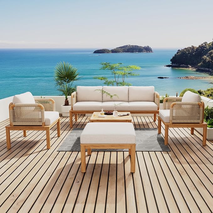 JIVOIT 5-Piece Acacia Wood and Rope Patio Sofa Set, Outdoor Conversation Set with Acacia Wood Coffee Table and Ottoman, 2 Club Chair for Backyard Porch Garden Balcony