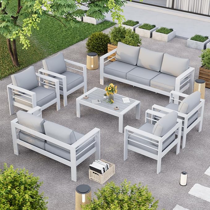 Aluminum Patio Furniture Set, 10 Piece Metal Outdoor Furniture Sets, Patio Set with Waterproof Covers for Backyard Garden（White）