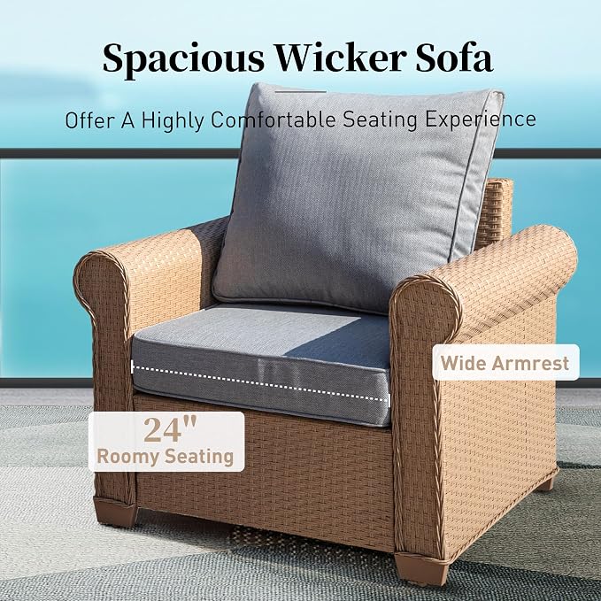 SUNSHINE VALLEY Patio Furniture Set, Wicker Rattan Outdoor Furniture Set with 5.5 Inch Thick Cushions, 2 Chairs and Fire Pit Table, 4 Pieces 5 Seats Patio Conversation Set for Backyard Deck, Grey