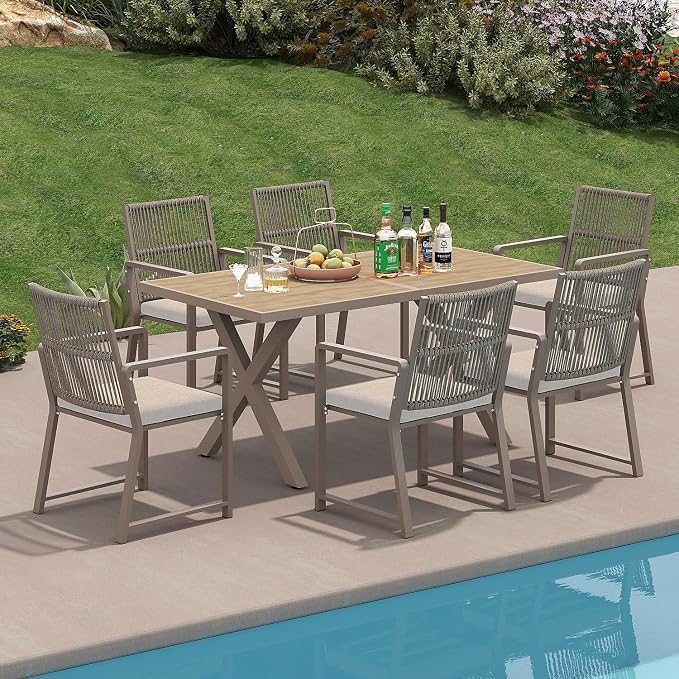 7 Pieces Outdoor Dinning Set Featuring 1 Aluminum Table and 6 Iron Alloy Ratten Chairs Waterproof and Rust-Proof Courtyard Style Table Garden Balcony Poolside, Light Brown 7 Pcs
