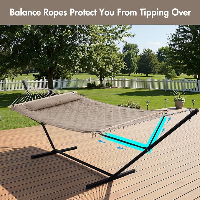 ANOW 2 Person Hammock with 12FT Stand, Heavy Duty Hammock with Stand for Outdoors, 450 LBS Weight Capacity, Light Brown