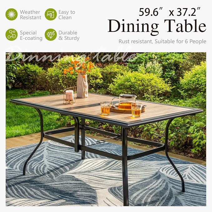 Sophia & William Patio Dining Set Metal Outdoor Table and Chairs Furniture Set 7 Piece, Large 60" Imitation Wood Dining Table with Umbrella Hole and 6 Stackable Outdoor Chairs Support 300LBS