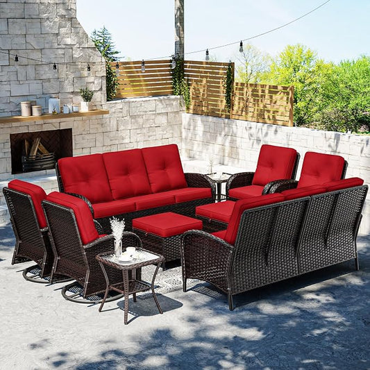 Joyside Wicker Patio Furniture Set, 10 Piece Outdoor Furniture Set with Thickened Cushions, High Back, Deep Seating, Wide Armrest, Outdoor Swivel Rocker Chairs for Porch, Deck