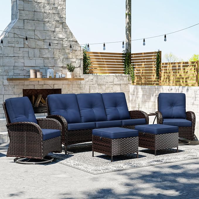 Joyside Wicker Patio Furniture Set, 6 Piece Outdoor Furniture Set with Thickened Cushions, High Back, Deep Seating, Wide Armrest, Outdoor Swivel Rocker Chairs for Porch, Deck