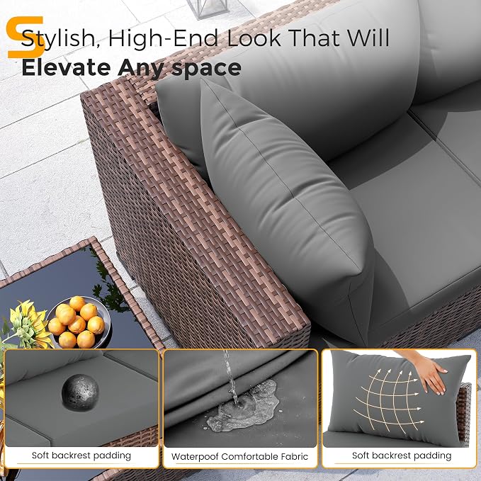 UDPATIO Furniture Set, 7 Piece Sectional Sofas with Wicker Coffee Table, Conversation for Garden, Backyard, Dark Grey