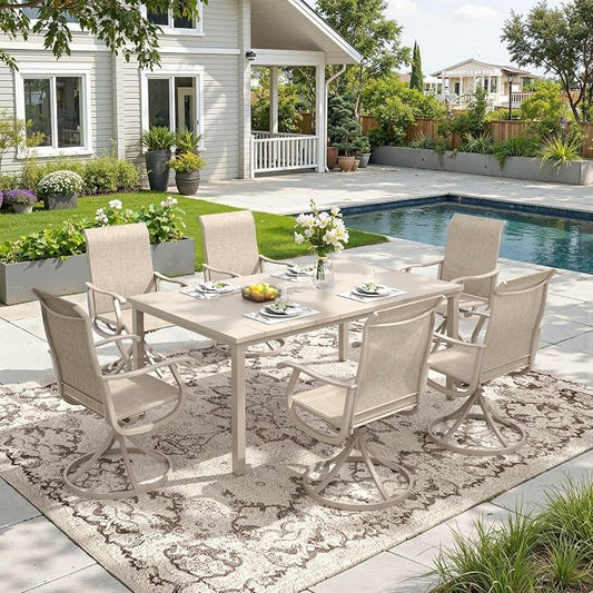DIFY Outdoor Dining Set for 6, 7 Piece Patio Table and Chairs Set, Swivel Patio Chairs with Textilene Fabric & 63" Rectangle Metal Dining Table with Umbrella Hole, for Garden Backyard Deck, Sandshell