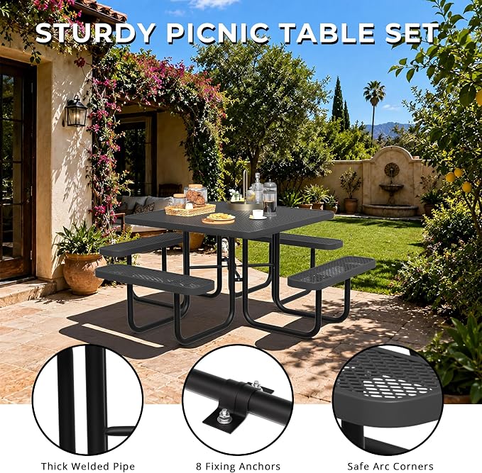 All-Weather Square Outdoor Picnic Table, Commercial Picnic Table Bench Set with Umbrella Hole, Thermoplastic Coated Metal Dining Tables for School, Stores, Park, Patio, Yard, Black