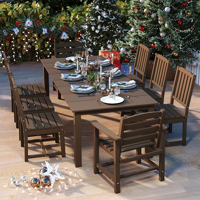 HDPE 9-Piece Outdoor Dining Set with 15FT Umbrella, Brown | All-Weather Patio Table and Chairs, Fade-Resistant Patio Furniture Dining Set for Lawn, Garden, Deck, Backyard, Poolside