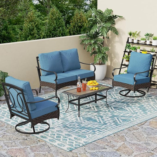 PHI VILLA Outdoor Porch Furniture Set, Upgraded Wicker & Metal Deep Seating Patio Furniture Conversation Set with Waterproof Thick Cushions for Balcony, Yard (4 Pieces,Navy)