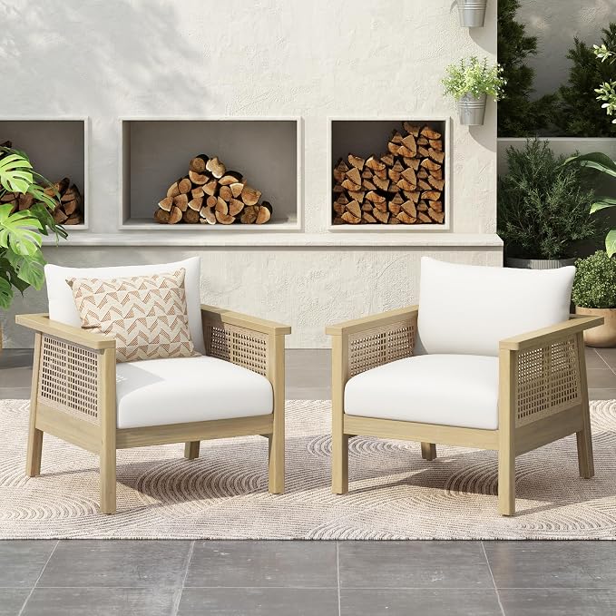 Merax Outdoor Acacia Wood Chair Set of 2 PE Wicker Club Chair Dining Chair with Waterproof Detachable Cushion, Light Teak Finish & Cream Cushion