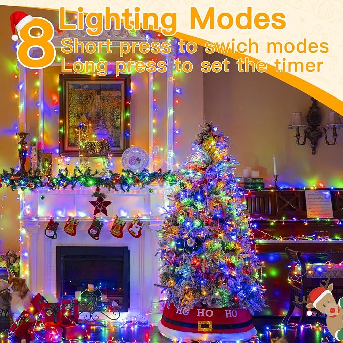 Ollny Christmas Lights 200LED 60FT Indoor, Multicolor Connectable Plug in String Light Outdoor, 8 Modes Waterproof Timer LED Fairy Lights for House Outside Bedroom Patio Balcony