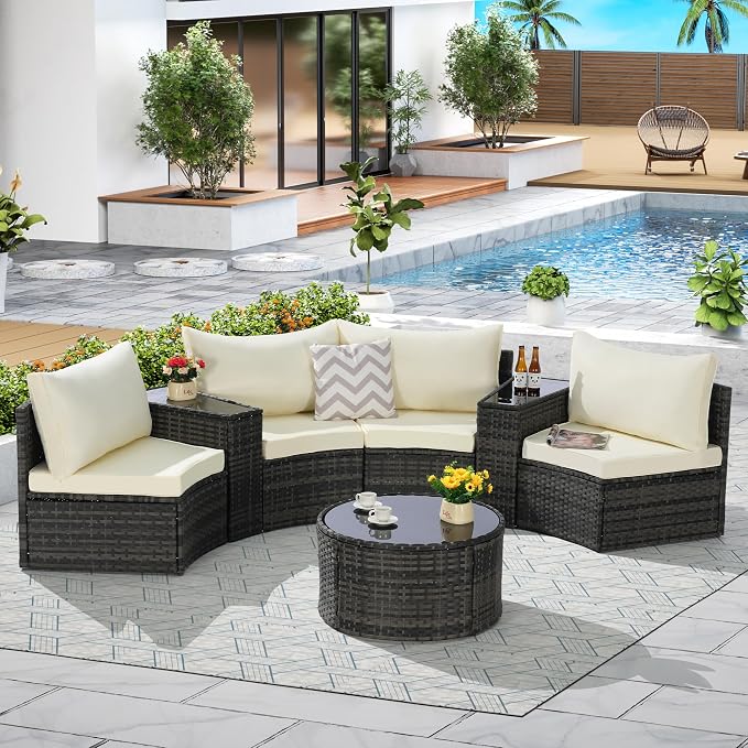 KEIKI Outdoor Patio Furniture 7-Piece Half-Moon Curved Sectional Sofa Set, All-Weather Wicker Patio Conversation Set with Round Coffee Table and 2 Storage Armrests for Poolside Backyard, Beige